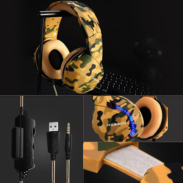 PS4 Gaming Headset med 7.1 Surround Sound, PC Headset med støjreducerende mikrofon og LED-lys, H3 Over Ear-hovedtelefoner til Nintendo Switch, PS5, Xbox On Yellow