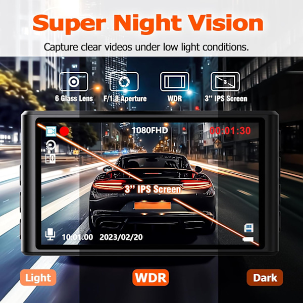 1080P Dash Cam fram och bak med 32 GB SD-kort, dubbel dashkamera för bilar, 3” IPS-skärm Dashcam med typ-C-port, WDR, G-sensor, loop-inspelning, 24 timmars T