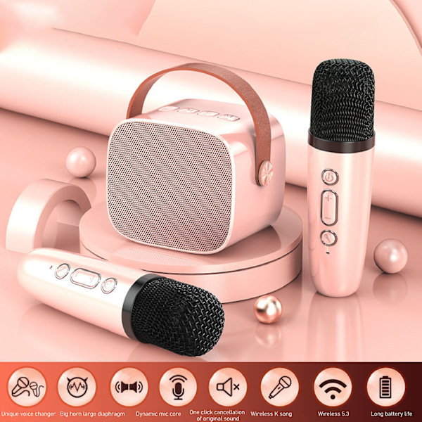 Mini Karaoke -laitteisto, tukee Bluetooth AUX USB -muistikorttia, kannettava Bluetooth -kaiutin langattomalla mikrofonilla Pink