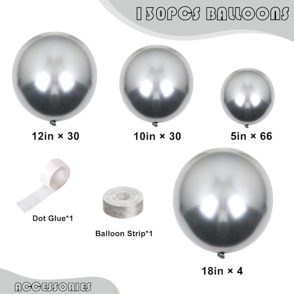 130 stk. metalliske sølvballoner i forskellige størrelser 18\" 12\" 10\" 5\" ballonbue guirlande sæt perfekt til fødselsdagsfest, dimission, babyshower, bryllup, Metallic Silver