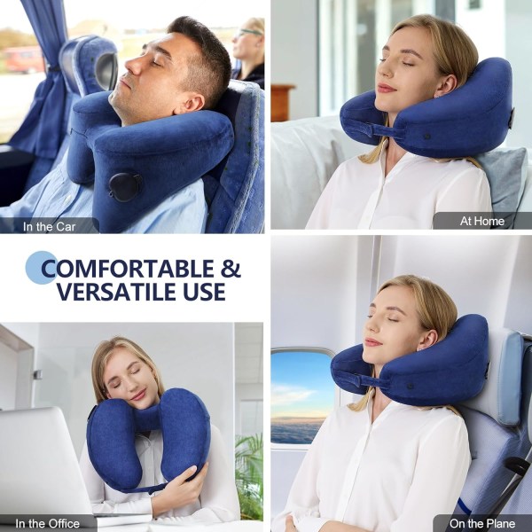 Nakkepute for reise, oppblåsbar flypute som komfortabelt støtter hode, nakke og hake, oppblåsbar reisepute med mykt velourtrekk og bærbart Blue Standard