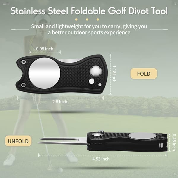 4-delt foldbart divot-reparationsværktøj med magnetisk boldmarkør, rustfrit stål springknivdesign til golftilbehør, gaver og præmier Black