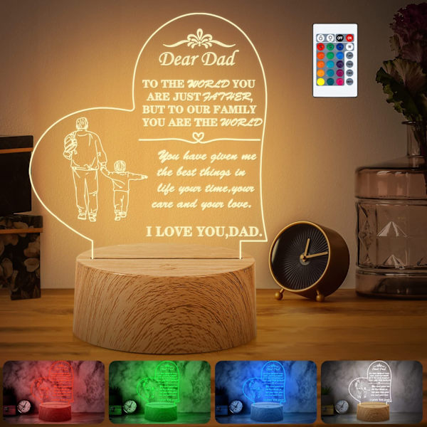 Gave til far fra datter søn, fars fødselsdagsgave RGB akryl natlampe med imiteret træbase, gave til Thanksgiving, jul, fars dag, Rem