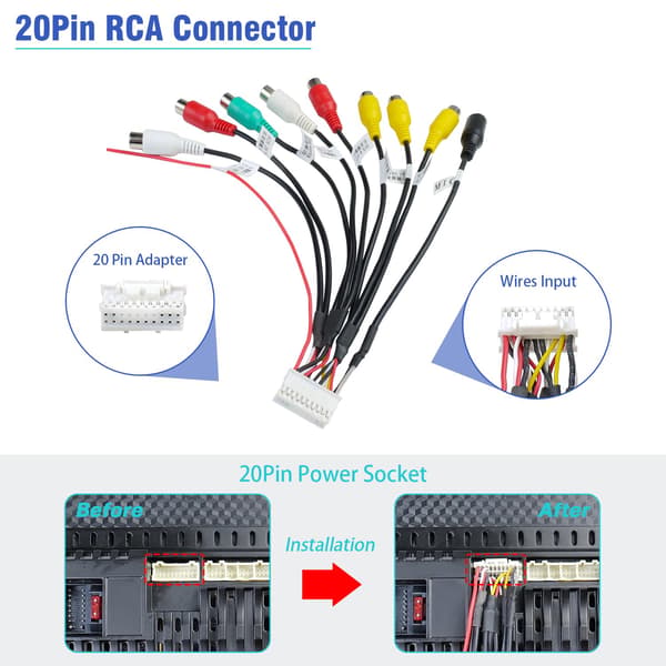 20-bens ledningsnet med 9 RCA-stik, integrerer video, AUX, subwoofer og mikrofonindgange for problemfri integration, til A 20Pin Connector with 9RCA Plug