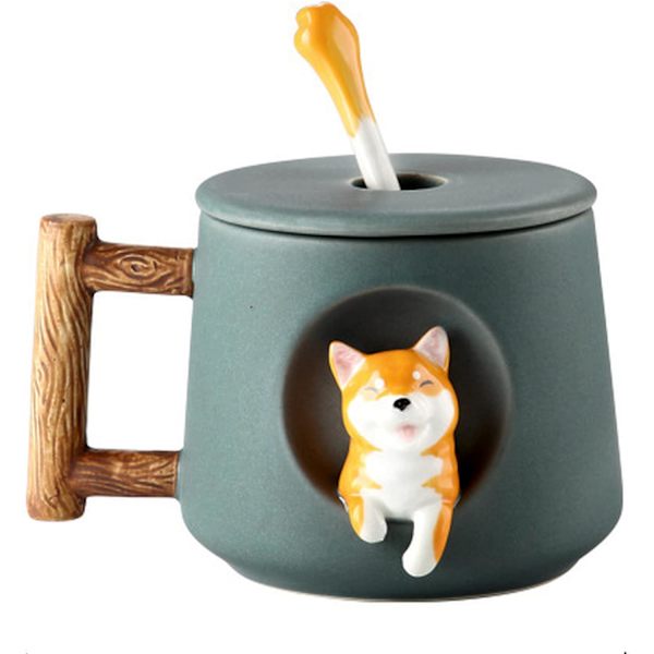 Sød Hundepar Kop, Keramik Kaffe Kopsæt med Låg, Søde Poter på Skeen, Sød Shiba Inu Tredimensionelt Design, med Mat Tekstur Green Head