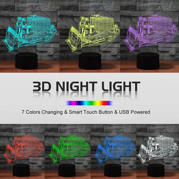 3D Illusion Lampe USB LED Bulldozer Natlampe Skrivebord Bord Ved