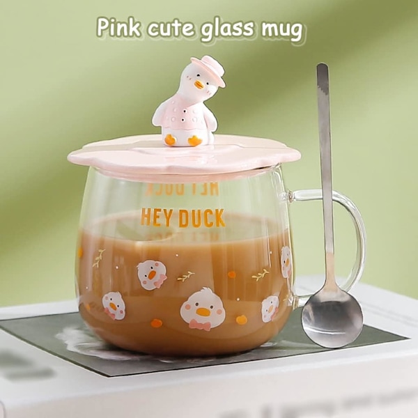 Høj Borosilikat Varmebestandig Glaskop, Sød Andekop, Klar Kop med Låg og Ske, 520 ml Stor Kapacitet Drikketumbler Pink