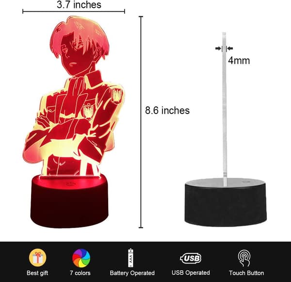 Anime Lys 3D Levi Ackerman Nattlampe, 7 Farger Anime Figur