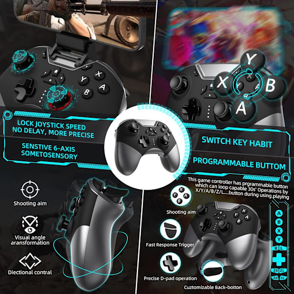 Bluetooth-kontroller för Switch/PC/iPhone/Android/Apple Arcade MFi-spel/TV/Steam, trådlös spelkontroll med telefonklämma med nyligen lanserad L Black