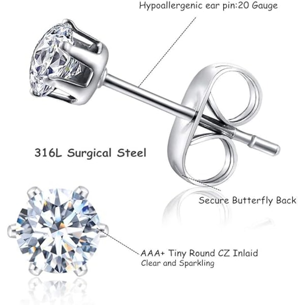 10 Par Små Dame Øredobber i Rustfritt Stål med Runde Klare Cubic Zirkonia (2mm 3mm 4mm CZ, Kirurgisk Stål)