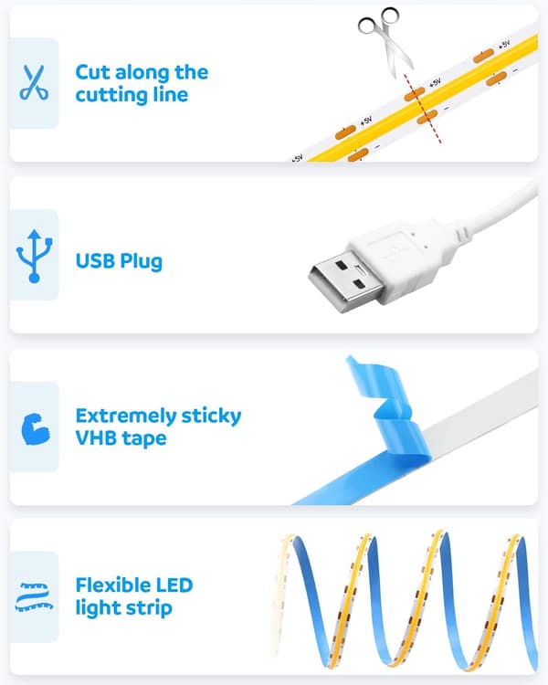 1,2 m fleksible USB LED-strips - 5V dagslys hvid COB LED-strip, belysning til underskabe, køkken, TV og hylder Warm White