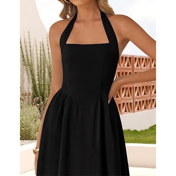 Sommarklänning för damer, ärmlös halterneck midi-klänning 2025, off shoulder, hög midja, svängig, böljande, lång strandklänning L