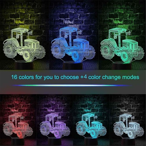 Julgåva Traktor 3D Illusion Bredvid Bordlampa, 16 Färgväxlande Touch Switch Dekoration Födelsedagspresent med Akrylplatt & ABS-bas &