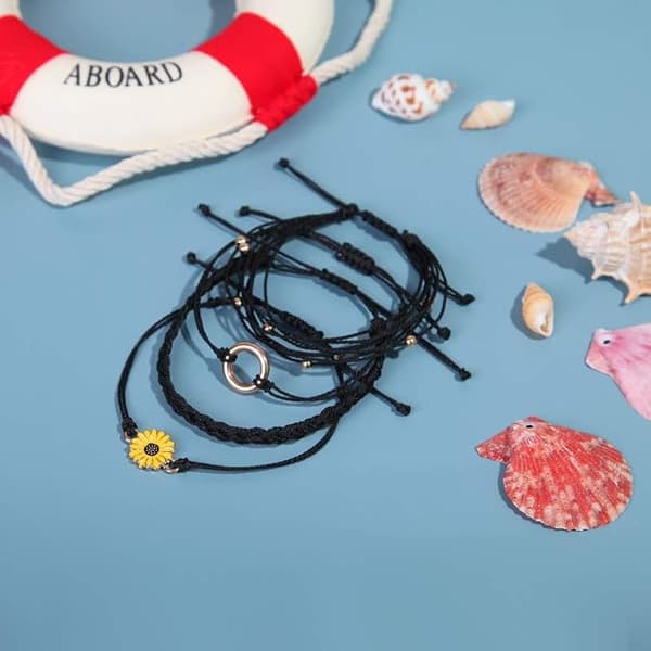 Solrossträngarmband Handgjort Flätad Rep Charm Boho Surfer Armband för Kvinnor Black