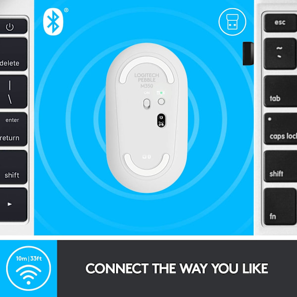 Logitech M350 Pebble trådløs mus med Bluetooth eller 2,4 GHz-modtager, lydløs, slank computermus med stille klik White