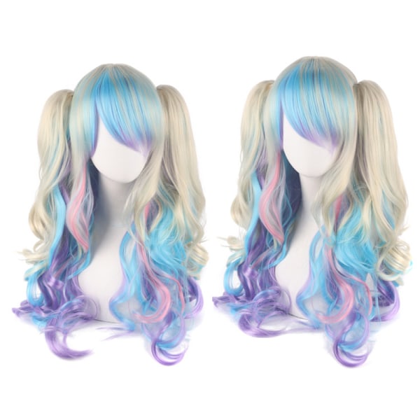 Lolita Langt Krøllet Clip på Hestehale Cosplay Parykk, Dobbel Hestehale Tiger Clip Lang Krøllet Parykk (Blå/Lilla Blond)