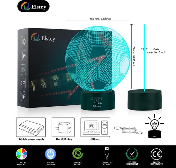 Fodbold 3D LED Natlys Touch Bordsklampe Optisk Illusion Lamper, Elstey 7 Farveskiftende Lys
