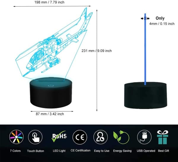 Helikopter Natlampe 3D Illusion Lampe LED Fighter Natlampe