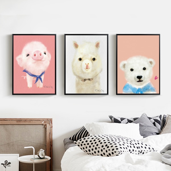 Cartoon Alpaca, Bear and Pig Wall Art Canvas Print Poster, Simple Cute Watercolo