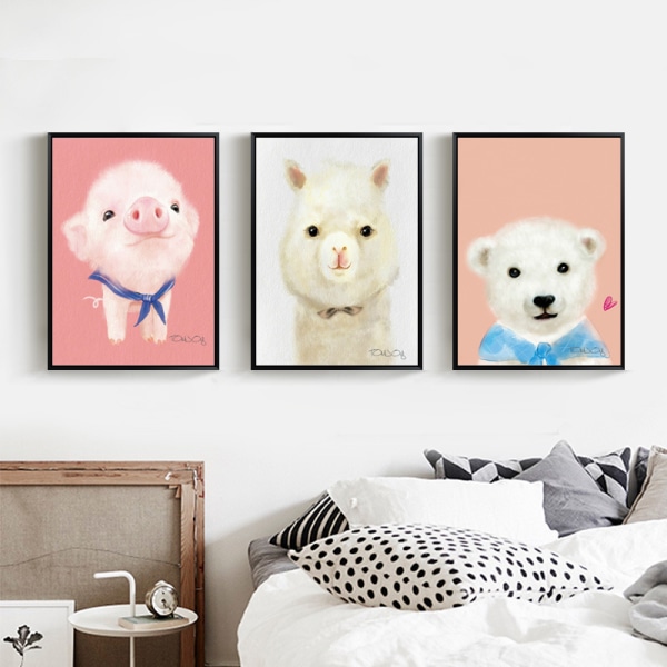Tecknad alpacka, björn och gris väggkonst Canvas Print affisch, enkel söt akvarell
