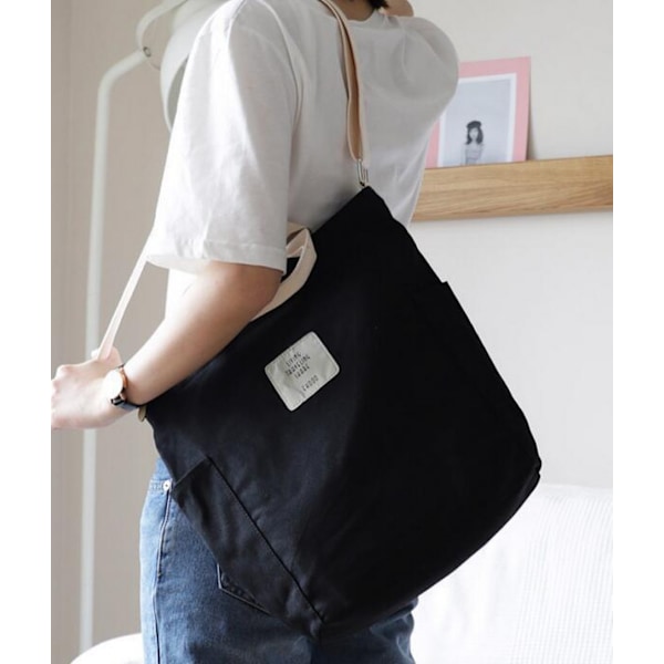 Kvinnor Canvas Tote Handväskor Casual Axelväska Arbetsväska Crossbody casual tyg shoppingväska（Svart）