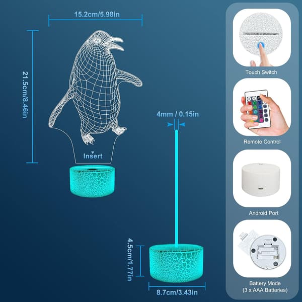 Pingvin 3D Lampe for Barn, Attivolife 16 Farger Skiftende Illusionsdyr Nattelykt