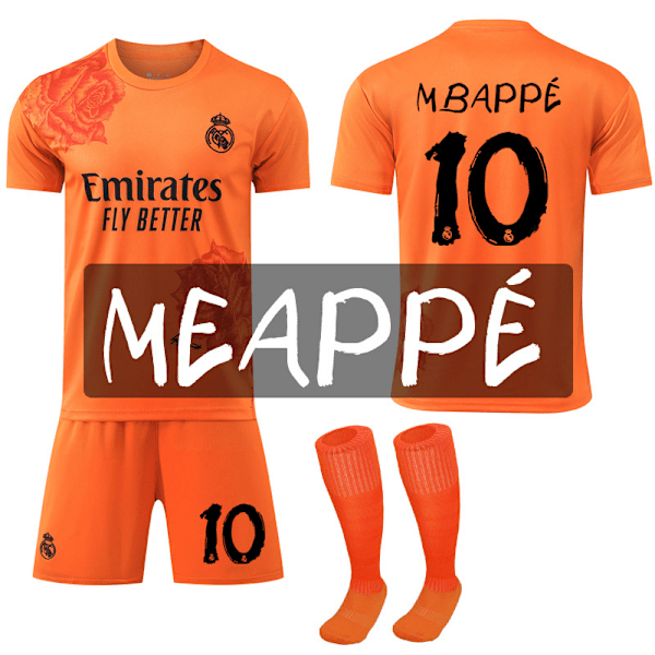 2024 Real Madrid Y3 Co-Branded Special Edition Rose Pattern Fodboldtrøje Orange Børns fodboldsæt No.10 Mbappe 22