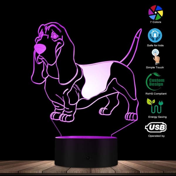 Basset Hound 3D Optisk Illusjon Nattlys USB Hund Dyr