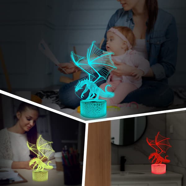 3D Lampe Drage Nattlys 3D Illusjonslampe for Barn, 16 Farger
