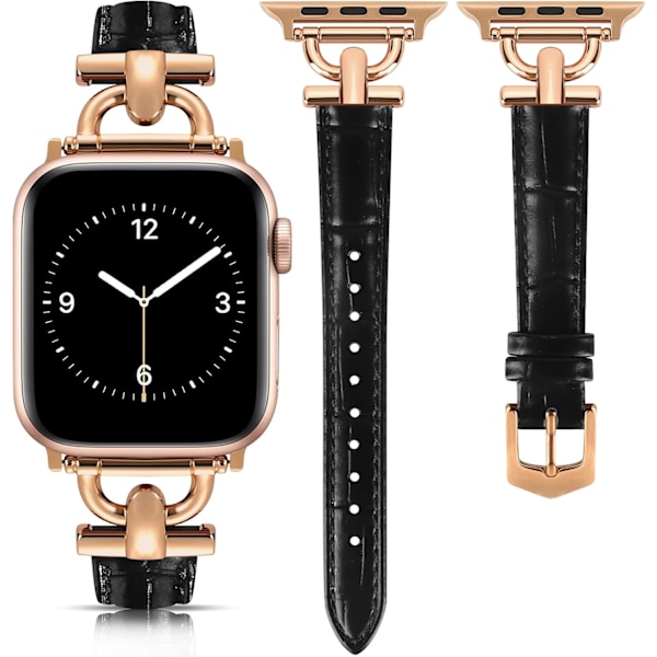 Læderrem Kompatibel med Apple Watch Remme til Kvinder, Elegant Rem til iWatch Serie 10/9/8/7/6/5/4 (38mm 40mm 41mm 42mm se) Black/Rose Gold 42/44/45/46/49mm