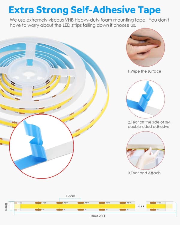 1,2 m fleksible USB LED-strips - 5V dagslys hvid COB LED-strip, belysning til underskabe, køkken, TV og hylder Cold White