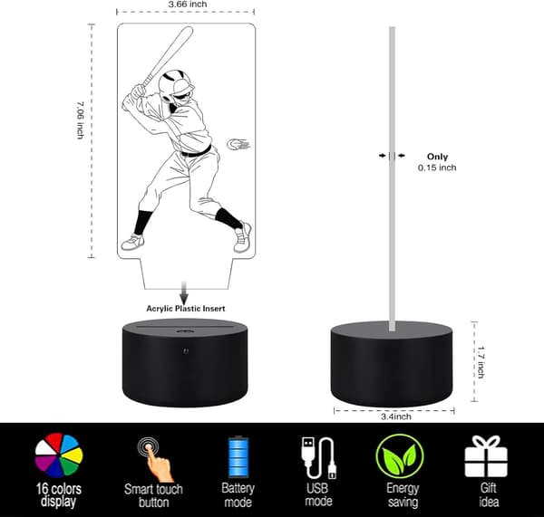 Baseball Light, Baseball Sport Gaver 3D Nattlys for Barn