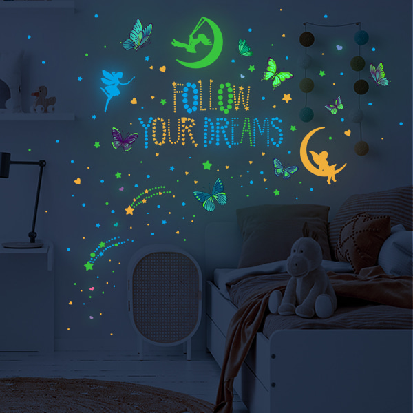 Glow in the Dark Fairy Väggdekaler, Stjärnor och Måne Lysande Ljus Färgglada Väggdekaler PVC-dekaler för Pojkar Flickor Sovrum Barnkammare
