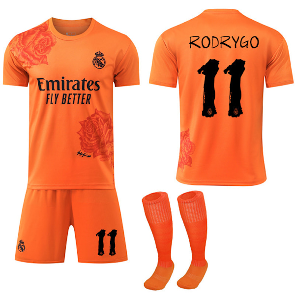 2024 Real Madrid Y3 Co-Branded Special Edition Rose Pattern Fodboldtrøje Orange Børns fodboldsæt No.11 Rodrygo 20