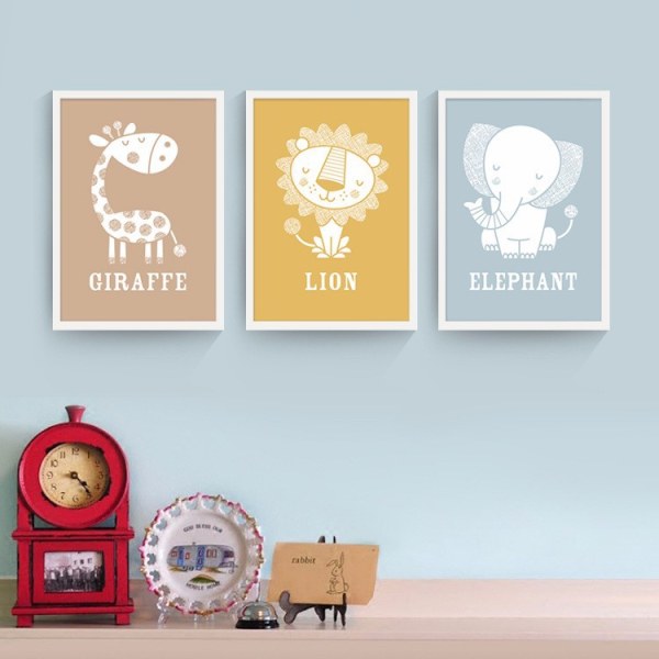 Cute Cartoon Animal 3 Wall Art Canvas Print Poster, Simple Cute Strokes Art Draw