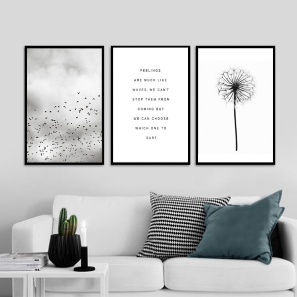 Birds and Dandelions Wall Art Canvas Print Poster, Simple Fashion Black and Whit