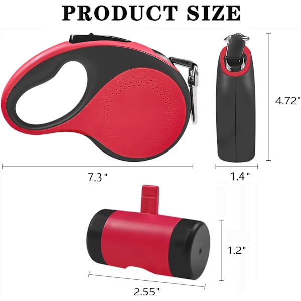Inntrekkbar hundekobbel med avfallsposebeholder og lommelykt, 16 fot hundekobbel for små mellomstore hunder opptil 66 pund, en knappbryter og lås, 360° floke F 16ft red Large