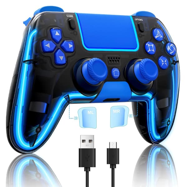 Trådløs PS4-controller med Hall 3D-joysticks/RGB LED-lys/programmeringsfunktion, PS4-controller fjernbetjening joystick gamepad, spilcontroller til PS4/Slim/P Blue