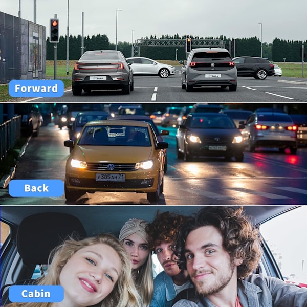 3-kanals dashcam fram och bak inuti, 4 tum 1080P dashkamera för bilar trevägs trippel bilkamera med IR-nattseende, loop-inspelning, G-sensor