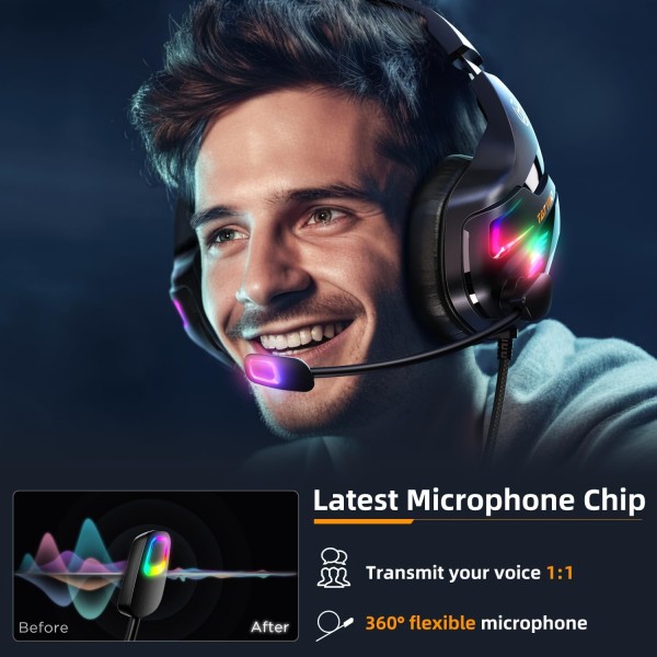Gaming Headset til PC PS5 PS4 XboxOne, Gaming Hovedtelefoner med 50mm Drivere 3D Surround Sound, Støjreducerende Mikrofon, Bløde Memory Ørekopper & 4 Tilstande RGB