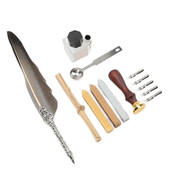 Fjäderpenna Set Mjuk Skrivande Retro Design Snidning Utseende Kalligrafi Penna Kit för Skrivning PresentSFDPS038031 Spetsig Grå Fjäder