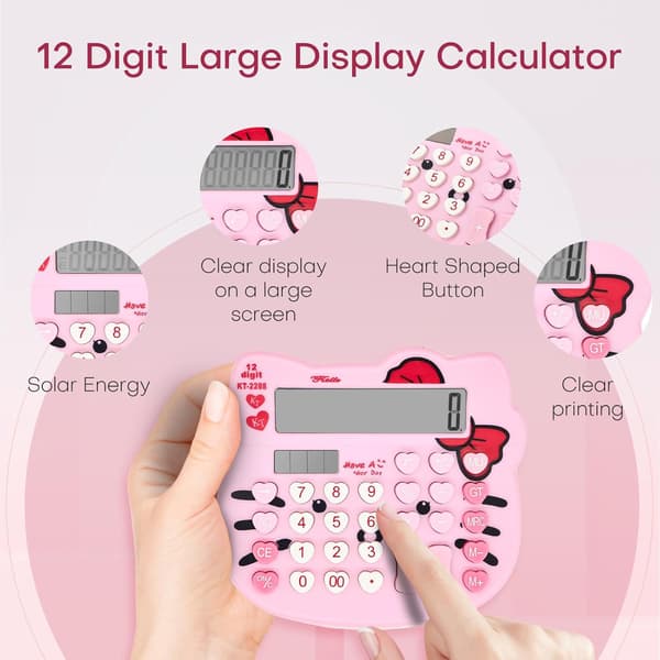 Sød skrivebordslommeregner til kvinder, 12-cifret stort LCD-display, følsomme knapper, dobbelt strøm (sol og batteri), standardfunktioner pink