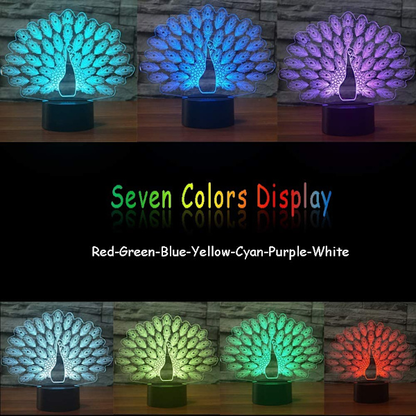 Novelty Peacock Form 3D LED Natlampe med 7 Farveskiftende Dyr Påsfugl Bordlampe Hjemmeindretning Gaver Lampara Sove Lysarmatur