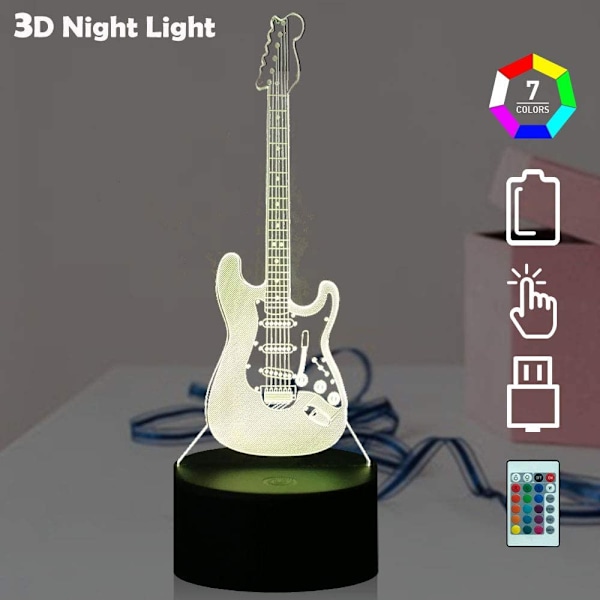 Bassgitargave 3D nattlys Musikk Elektrisk Gitarmodell Illusionsbordlampe Fjernkontroll 16 Farger Sove Lys Jenter Gutter Barn Musikk Gitar