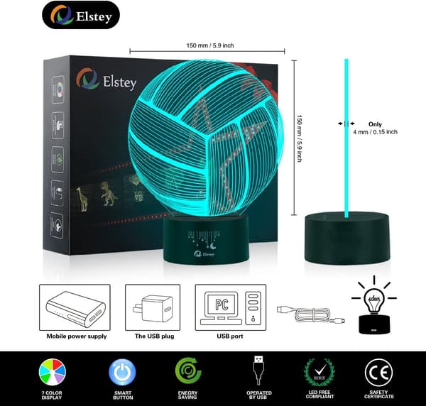 Volleyball 3D Lampe Optisk Illusion Natlys, Elstey 7 Farveskiftende