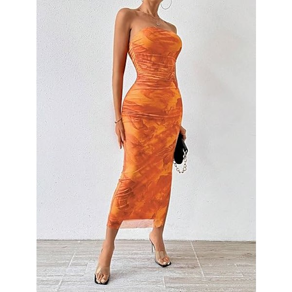 Sommerkjole til kvinder med print, stropløs tube top kjole, bodycon maxikjole med sideslids og lag af mesh S