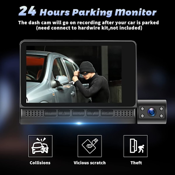 3-kanals dashcam fram och bak inuti, 4 tum 1080P dashkamera för bilar trevägs trippel bilkamera med IR-nattseende, loop-inspelning, G-sensor