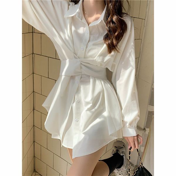 Belted Button up Collar Summer Short Shirt Dress (Hvid)