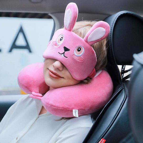 Muistivaahtoinen eläinmatkatyyny, mukava niskatyyny söpöllä silmänaamiolla, kevyt matkatyyny lentokoneeseen, autoon, junaan, bussiin ja kotikäyttöön Bunny