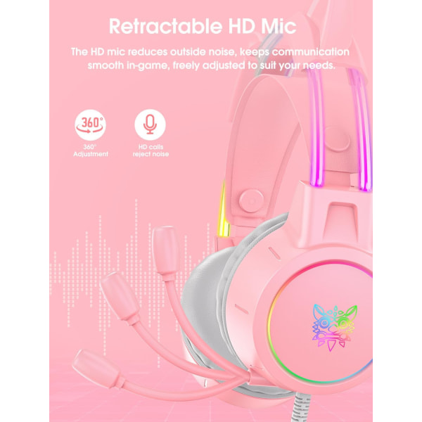 Lette spillhodesett med avtakbare katteører, Gradient RGB Light, kablede over-eare hodetelefoner for PC/PS4/PS5/XBOX/Switch, Virtual Surround Sound Pink